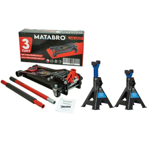 Matabro AKČNÍ SET Nízkoprofilový hydraulický zvedák (hever) s pojezdem MB-LPJ3T s podpěrami MB-JS3T 3t SET-ZVE19