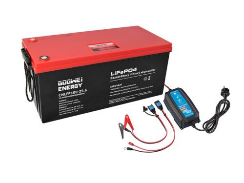 Set lithiová trakční baterie GOOWEI ENERGY CNLFP100-25.6 (100Ah) + nabíječka Victron Energy Blue Smart 24V (8A/3A)