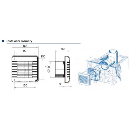 Axiální koupelnový ventilátor s automatickou žaluzií a časovým doběhem Blauberg AUTO 100 H se senzorem vlhkosti - Obrázek 2