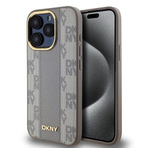 DKNY PU Leather Checkered Pattern Magsafe Zadní Kryt pro iPhone 15 Pro Beige DKHMP15LPCPVSLE