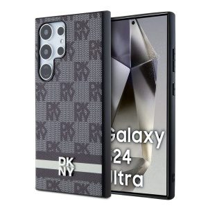 DKNY PU Leather Checkered Pattern and Stripe Zadní Kryt pro Samsung Galaxy S24 Ultra Black DKHCS24LPCPTSSK