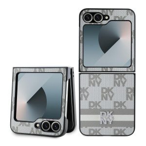 DKNY PU Leather Checkered Pattern and Stripe Zadní Kryt pro Samsung Galaxy Z Flip 6/7 FE Beige DKHCZF6PCPTSSE