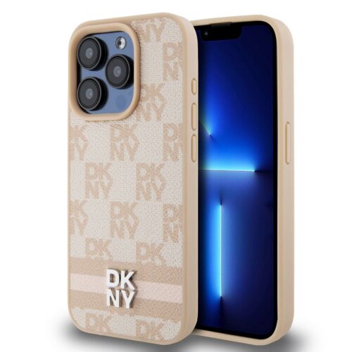 DKNY PU Leather Checkered Pattern and Stripe Zadní Kryt pro iPhone 13 Pro Max Pink DKHCP13XPCPTSSP