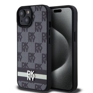 DKNY PU Leather Checkered Pattern and Stripe Zadní Kryt pro iPhone 15 Black DKHCP15SPCPTSSK