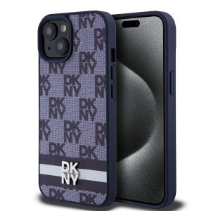 DKNY PU Leather Checkered Pattern and Stripe Zadní Kryt pro iPhone 15 Blue DKHCP15SPCPTSSB