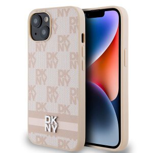 DKNY PU Leather Checkered Pattern and Stripe Zadní Kryt pro iPhone 15 Pink DKHCP15SPCPTSSP