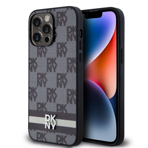 DKNY PU Leather Checkered Pattern and Stripe Zadní Kryt pro iPhone 15 Pro Max Black DKHCP15XPCPTSSK