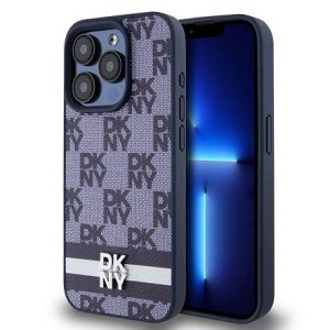 DKNY PU Leather Checkered Pattern and Stripe Zadní Kryt pro iPhone 15 Pro Max Blue DKHCP15XPCPTSSB