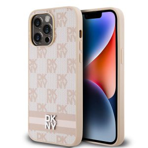 DKNY PU Leather Checkered Pattern and Stripe Zadní Kryt pro iPhone 15 Pro Max Pink DKHCP15XPCPTSSP
