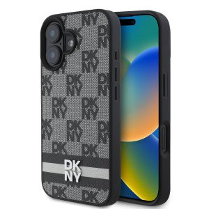 DKNY PU Leather Checkered Pattern and Stripe Zadní Kryt pro iPhone 16 Black DKHCP16SPCPTSSK