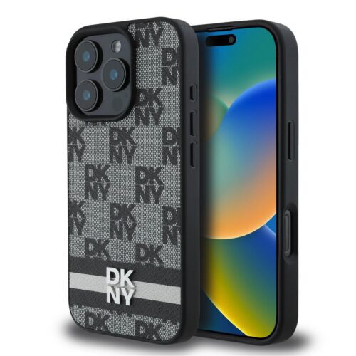 DKNY PU Leather Checkered Pattern and Stripe Zadní Kryt pro iPhone 16 Pro Black DKHCP16LPCPTSSK