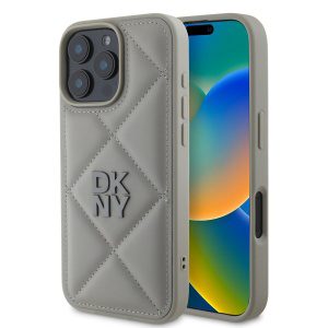 DKNY PU Leather Quilted Stack Logo Zadní Kryt pro iPhone 16 Pro Max Grey DKHCP16XPQDSLG