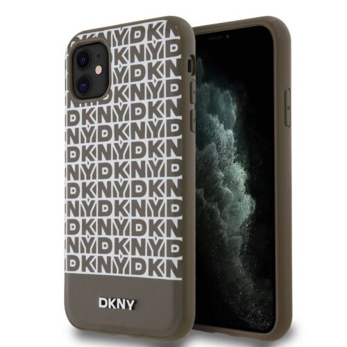 DKNY PU Leather Repeat Pattern Bottom Stripe MagSafe Zadní Kryt pro iPhone 11 Brown DKHMN61PSOSPW
