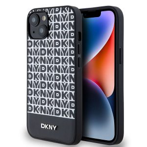 DKNY PU Leather Repeat Pattern Bottom Stripe MagSafe Zadní Kryt pro iPhone 14 Black DKHMP14SPSOSPK