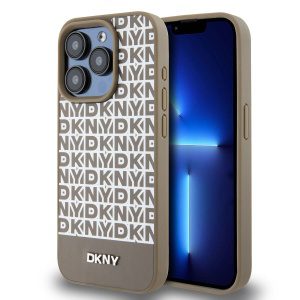 DKNY PU Leather Repeat Pattern Bottom Stripe MagSafe Zadní Kryt pro iPhone 14 Pro Brown DKHMP14LPSOSPW