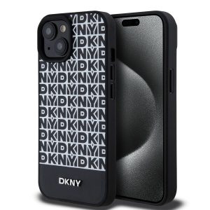 DKNY PU Leather Repeat Pattern Bottom Stripe MagSafe Zadní Kryt pro iPhone 15 Black DKHMP15SPSOSPK