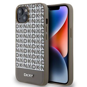 DKNY PU Leather Repeat Pattern Bottom Stripe MagSafe Zadní Kryt pro iPhone 15 Brown DKHMP15SPSOSPW
