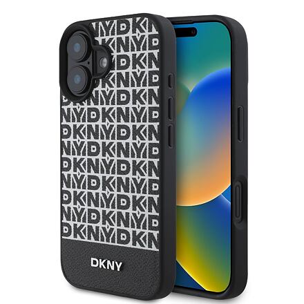 DKNY PU Leather Repeat Pattern Bottom Stripe MagSafe Zadní Kryt pro iPhone 16 Plus Black DKHMP16MPSOSPK