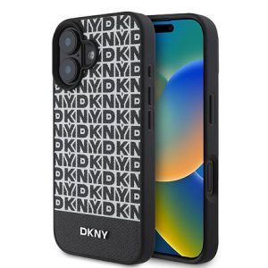 DKNY PU Leather Repeat Pattern Bottom Stripe MagSafe Zadní Kryt pro iPhone 16 Plus Black DKHMP16MPSOSPK