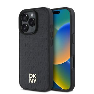 DKNY PU Leather Repeat Pattern Stack Logo MagSafe Zadní Kryt pro iPhone 16 Pro Max Black DKHMP16XPSHRPSK