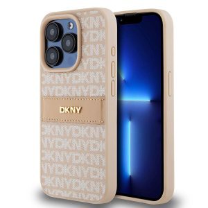 DKNY PU Leather Repeat Pattern Tonal Stripe Zadní Kryt pro iPhone 14 Pro Pink DKHCP14LPRTHSLP