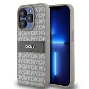DKNY PU Leather Repeat Pattern Tonal Stripe Zadní Kryt pro iPhone 15 Pro Beige DKHCP15LPRTHSLE