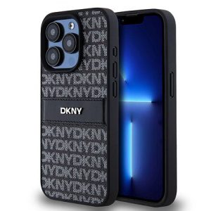 DKNY PU Leather Repeat Pattern Tonal Stripe Zadní Kryt pro iPhone 15 Pro Black DKHCP15LPRTHSLK