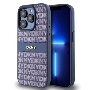 DKNY PU Leather Repeat Pattern Tonal Stripe Zadní Kryt pro iPhone 15 Pro Blue DKHCP15LPRTHSLB