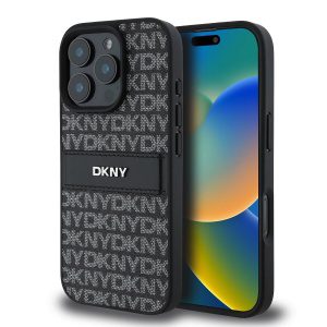 DKNY PU Leather Repeat Pattern Tonal Stripe Zadní Kryt pro iPhone 16 Pro Max Black DKHCP16XPRTHSLK