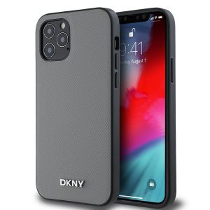 DKNY PU Leather Silver Metal Logo Magsafe Zadní Kryt pro iPhone 12/12 Pro Grey DKHMP12MPGHLMS