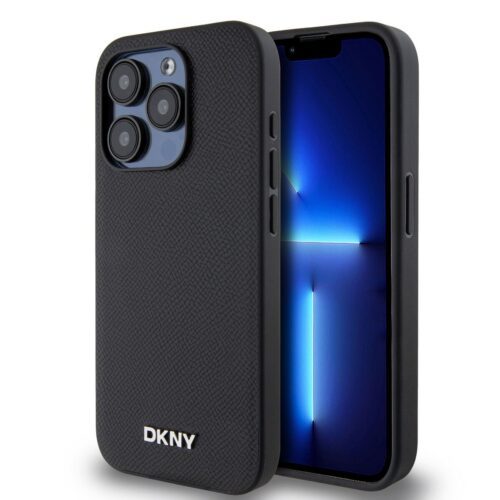 DKNY PU Leather Silver Metal Logo Magsafe Zadní Kryt pro iPhone 15 Pro Black DKHMP15LPGHLMK