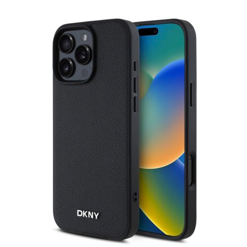 DKNY PU Leather Silver Metal Logo Magsafe Zadní Kryt pro iPhone 16 Pro Max Black DKHMP16XPGHLMK