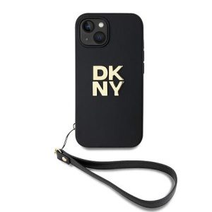 DKNY PU Leather Stack Logo Wrist Strap Zadní Kryt pro iPhone 13 Black DKHCP13MPBSWSK