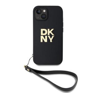 DKNY PU Leather Stack Logo Wrist Strap Zadní Kryt pro iPhone 14 Black DKHCP14SPBSWSK