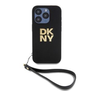 DKNY PU Leather Stack Logo Wrist Strap Zadní Kryt pro iPhone 15 Pro Max Black DKHCP15XPBSWSK