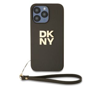 DKNY PU Leather Stack Logo Wrist Strap Zadní Kryt pro iPhone 15 Pro Max Brown DKHCP15XPBSWSA