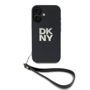DKNY PU Leather Stack Logo Wrist Strap Zadní Kryt pro iPhone 16 Black DKHCP16SPBSWSK