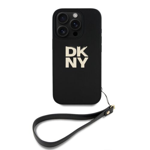 DKNY PU Leather Stack Logo Wrist Strap Zadní Kryt pro iPhone 16 Pro Black DKHCP16LPBSWSK