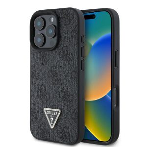 Guess PU 4G Strass Triangle Metal Logo Zadní Kryt pro iPhone 16 Pro Max Black GUHCP16XP4TDPK