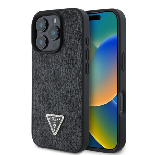 Guess PU 4G Strass Triangle Metal Logo Zadní Kryt pro iPhone 16 Pro Max Black GUHCP16XP4TDPK