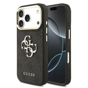 Guess PU Leather 4G Metal Logo Gold Frame Zadní Kryt pro iPhone 17 Pro Black GUHCP17L4GMGCGR