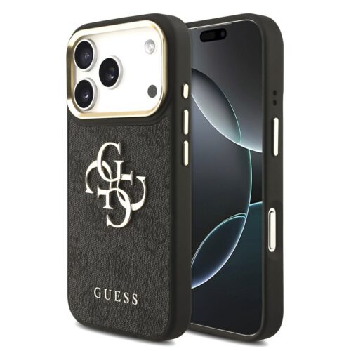 Guess PU Leather 4G Metal Logo Gold Frame Zadní Kryt pro iPhone 17 Pro Black GUHCP17L4GMGCGR