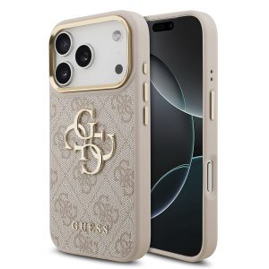 Guess PU Leather 4G Metal Logo Gold Frame Zadní Kryt pro iPhone 17 Pro Pink GUHCP17L4GMGCPI