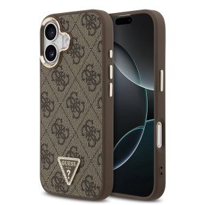 Guess PU Leather 4G Strass Triangle Logo Gold Frame MagSafe Zadní Kryt pro iPhone 17 Brown GUHMP17SP4GTDGMW