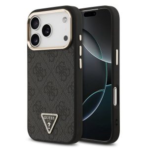 Guess PU Leather 4G Strass Triangle Logo Gold Frame MagSafe Zadní Kryt pro iPhone 17 Pro Black GUHMP17LP4GTDGMK