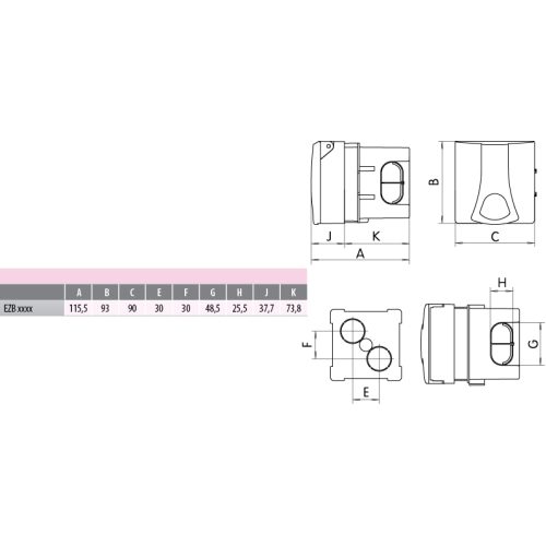 Zásuvka zapuštěná ETI EZB 3253 32A/400V/5P IP44 004482101 - Obrázek 2