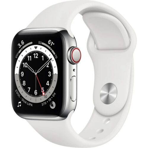 Apple Watch Series 6 44mm Cellular (Stav A-) Stříbrná nerezová ocel s bílým sportovním řemínkem MRGE3QC/A