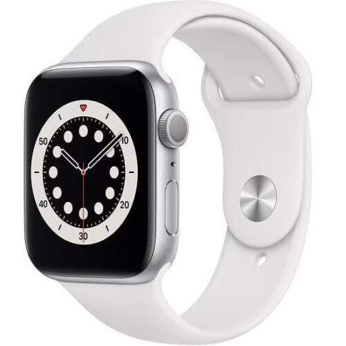 Apple Watch Series 6 44mm Cellular (Stav A-) Stříbrné s bílým sportovním řemínkem MRGE3QC/A