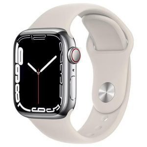Apple Watch Series 7 45mm Cellular (Stav A) Stříbrná nerezová ocel s béžovým sportovním řemínkem