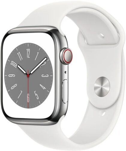 Apple Watch Series 8 41mm (Nerozbaleno) GPS Stříbrná nerezová ocel s bílým sportovním řemínkem